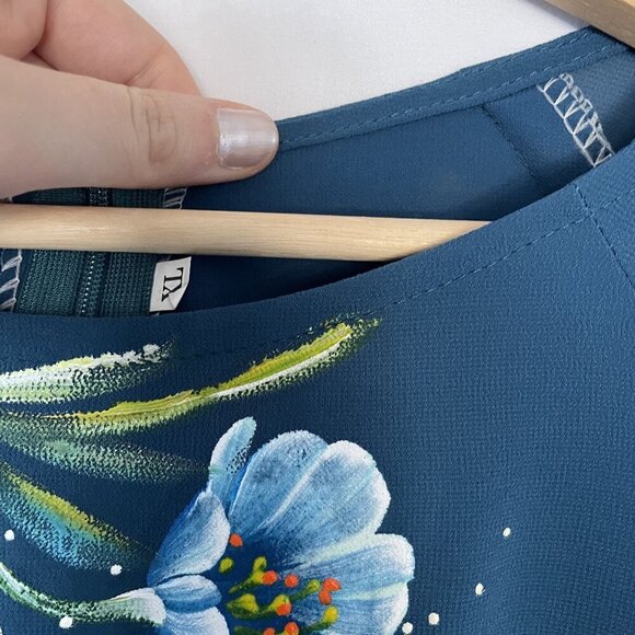 Vintage Teal Maxi Dress With Floral Hand-Painted Design & Long Sleeves high slit - Picture 5 of 10